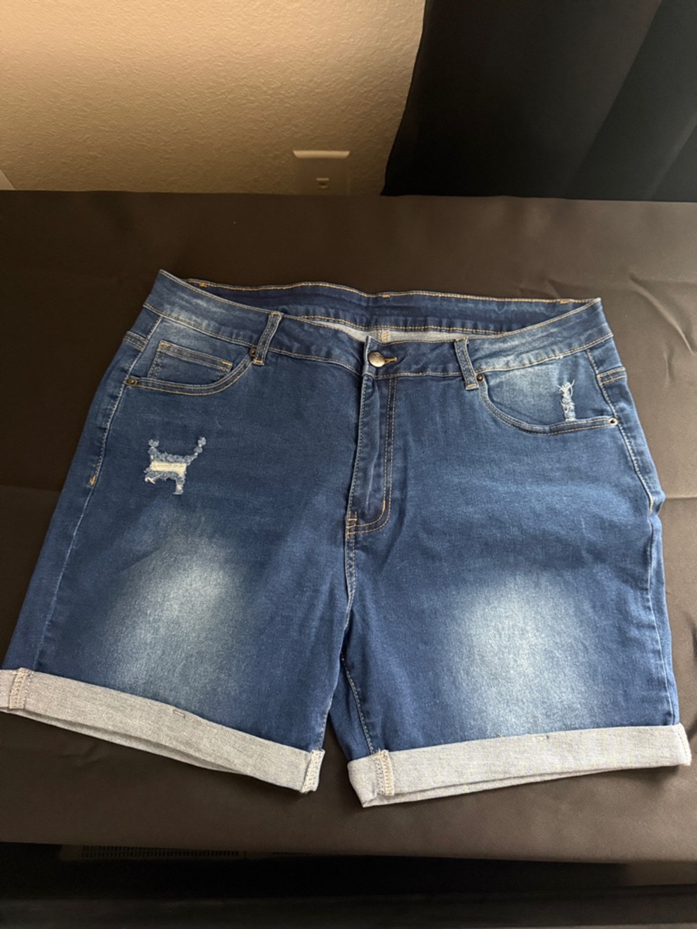 Dark Blue Distressed Cuffed Denim Shorts